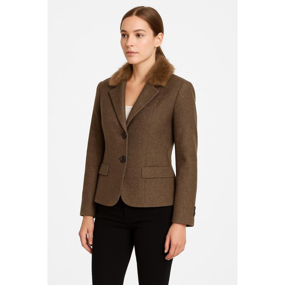 Norton‎ McNaughton Brown Tweed Faux Fur Collar 2Button Blazer Jacket Size 12 - Picture 2 of 7